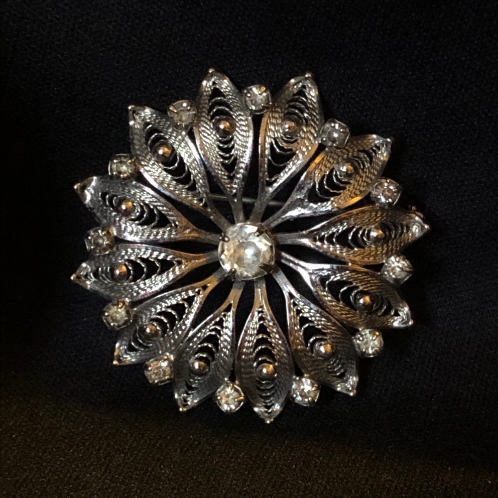 Sterling silver & white rhinestone filigree brooch